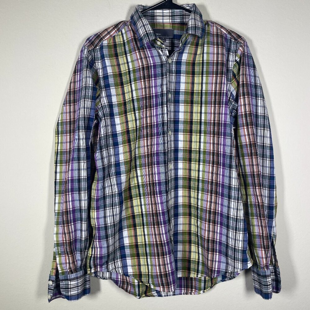 Vince Men's Colorful Plaid Button Front Long Sleeve Dress Shirt Linen Blend Medi
